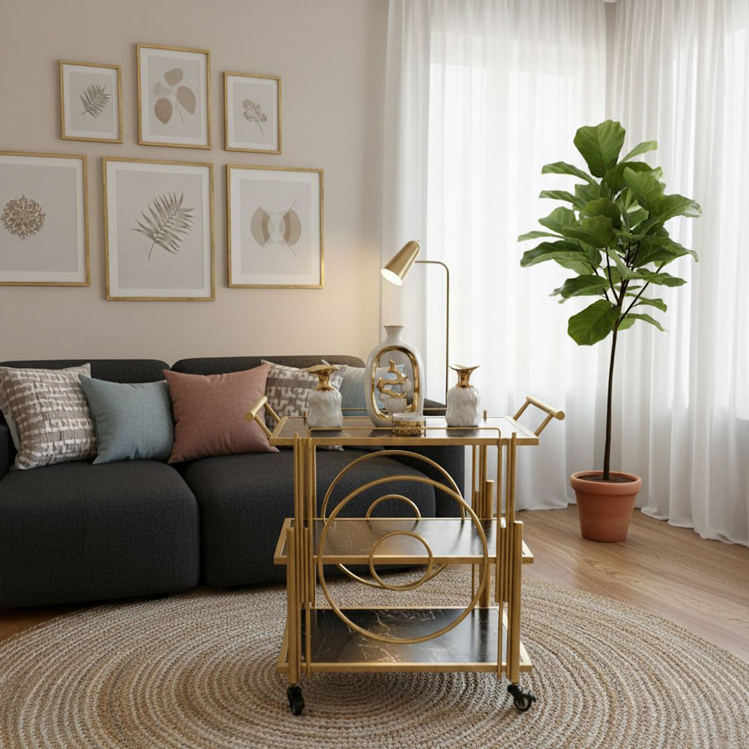 Luxury Gold Tea Trolley with Marble Shelves